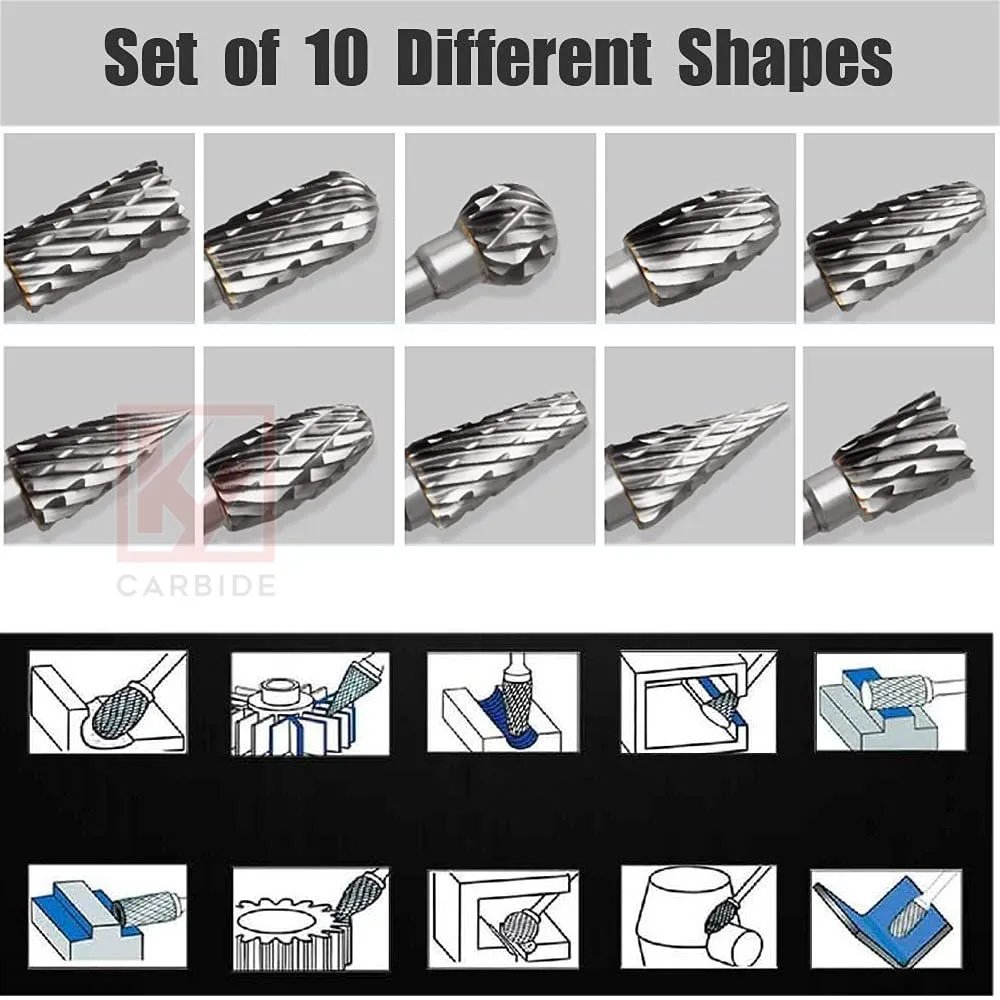 Double Cut Carbide Rotary Burr Set - 10 Pcs 1/4